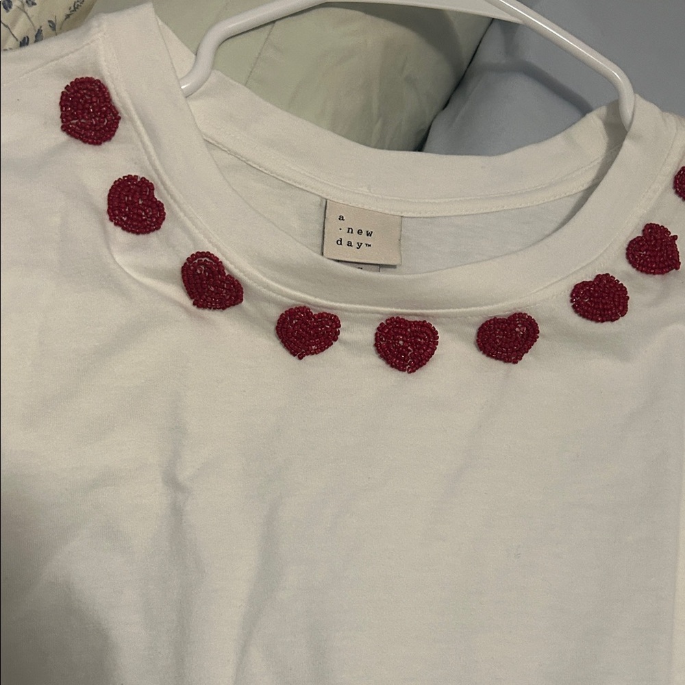 A New Day White Tee with Red Beaded Hearts - womens